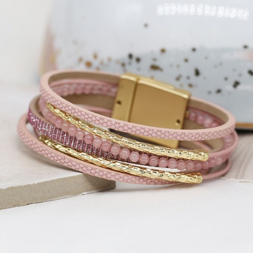 Pink Leather Bracelet with Pink Beads & Golden Bars by Peace of Mind